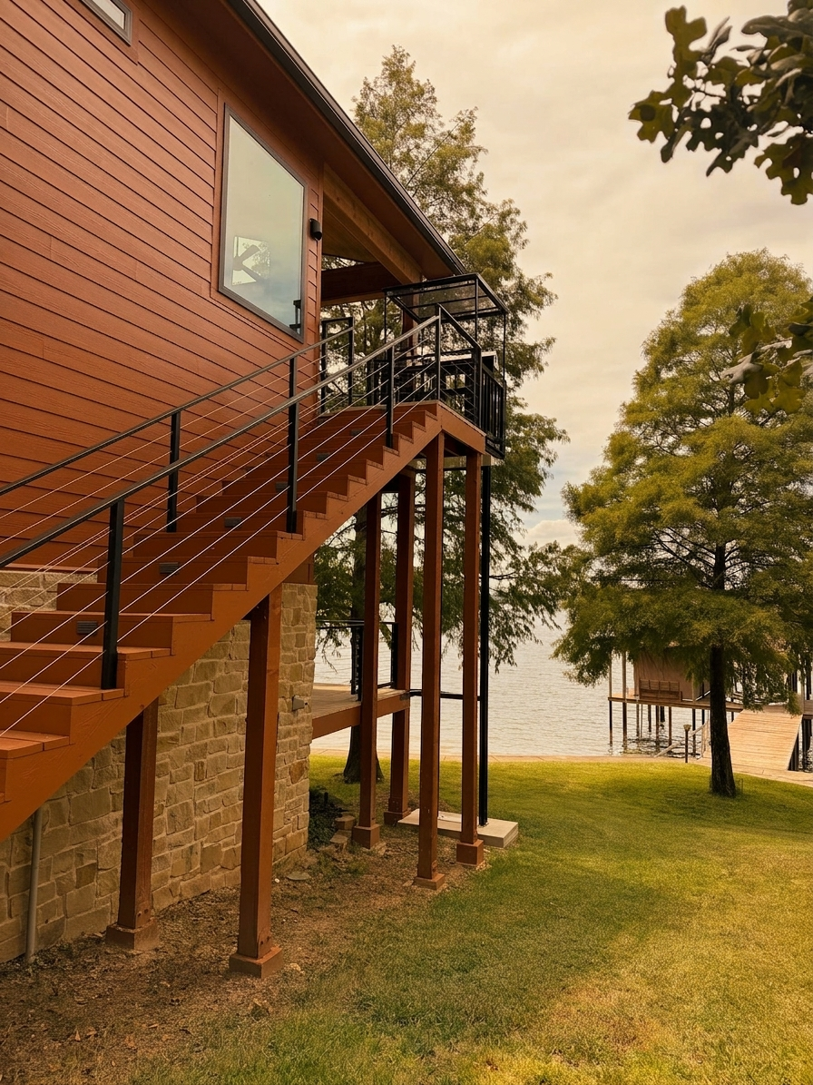 Exterior stair and cable-railed lift beside the lake at a Creative Cargo Lifts installation, cypress trees beyond.