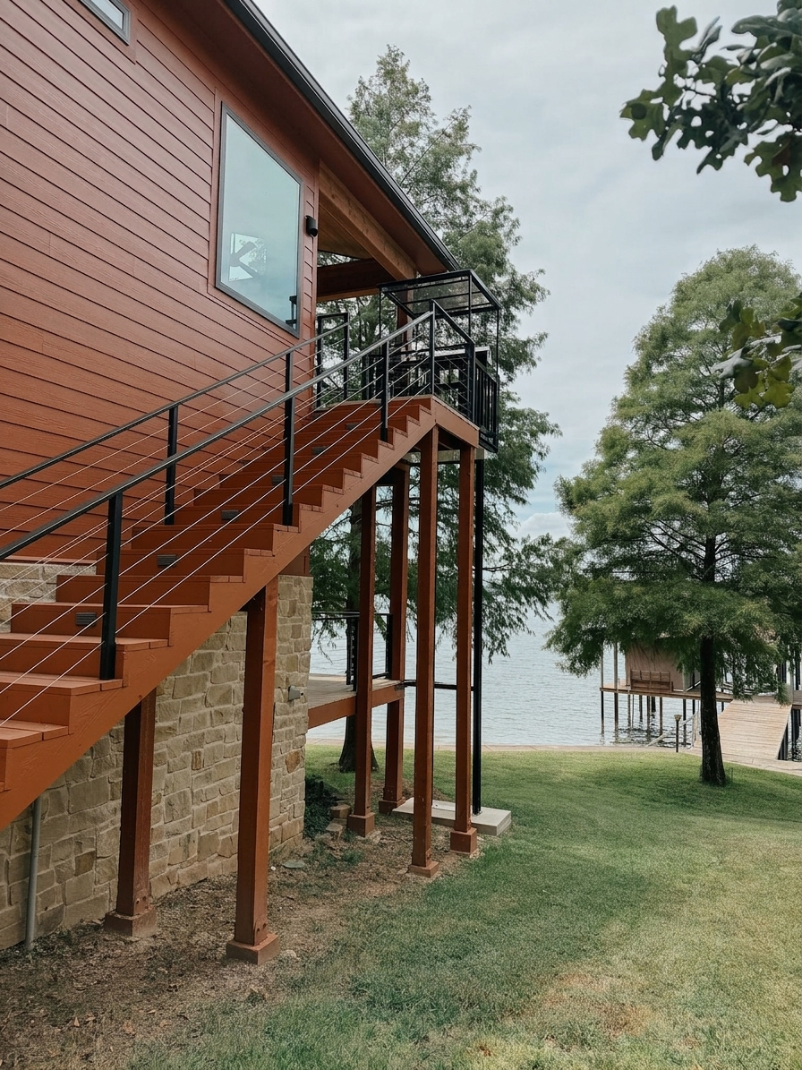 Close view of the Galaxy lift track and stairs alongside the same home's stone foundation, water beyond